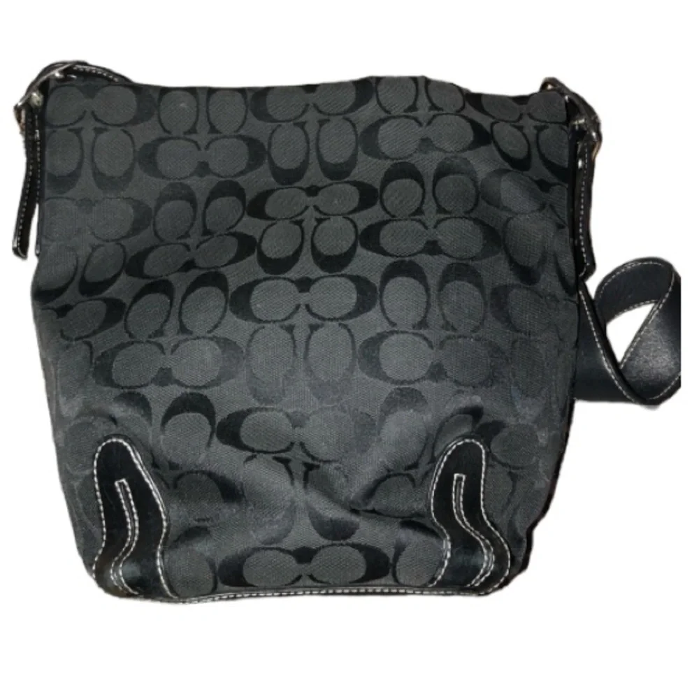 Coach black canvas monogram shoulder bag , leather trim see matching pieces